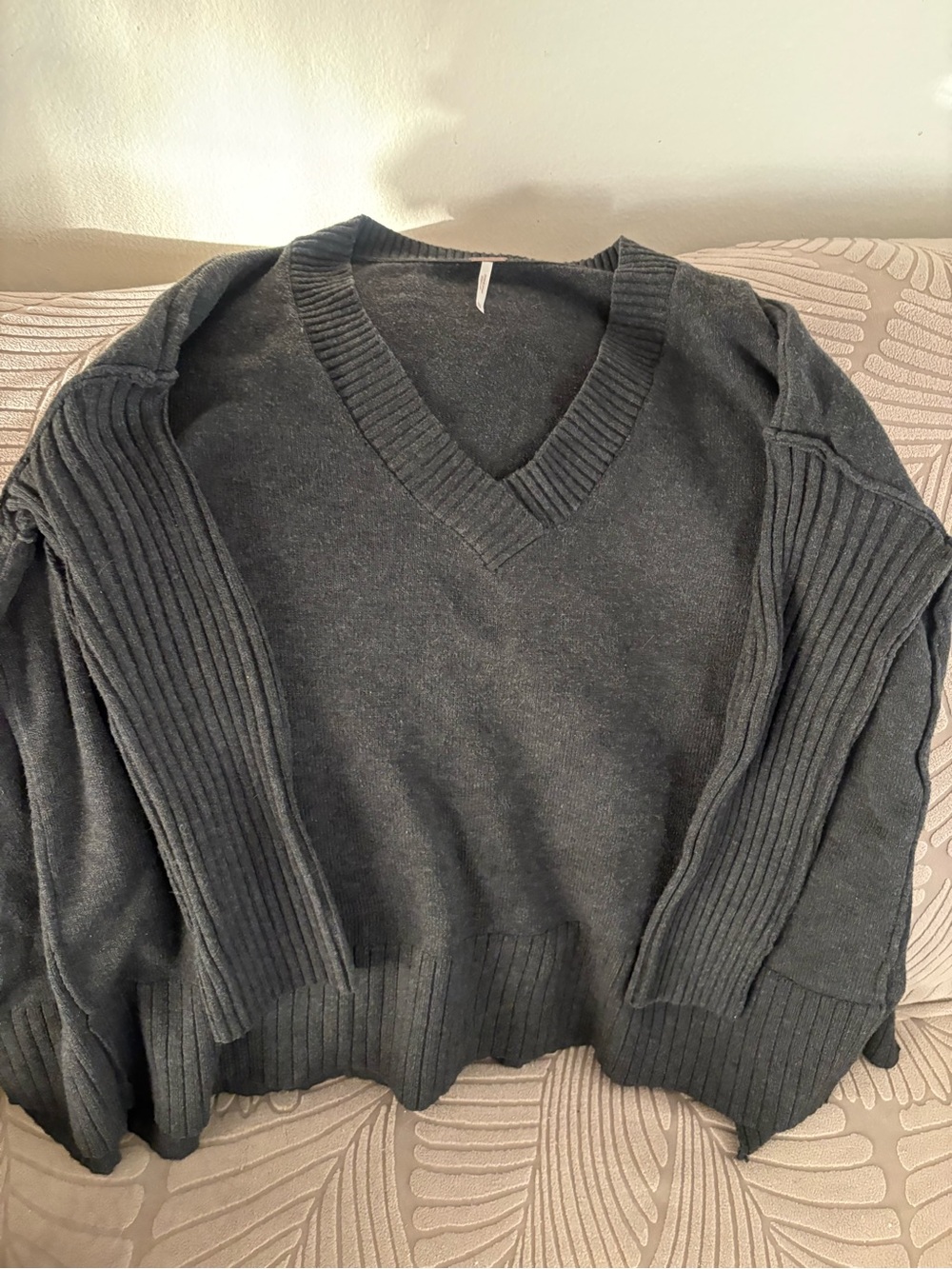 Free People Charcoal V-Neck Ribbed Sleeve Sweater